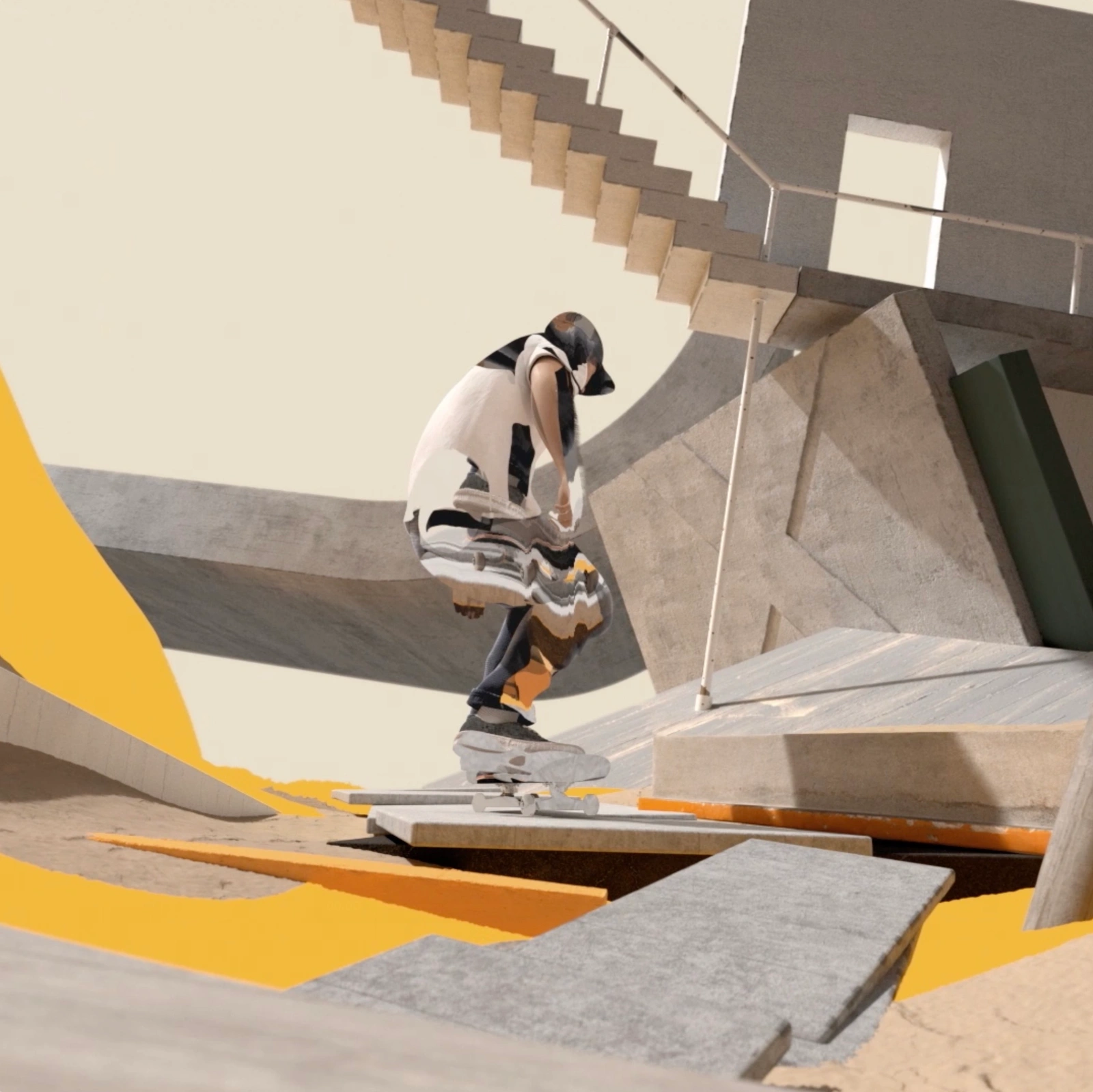 3D digital illustration of a skateboarder gliding across concrete slabs and stairs in a surreal brutalist architectural space.
