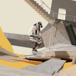 3D digital illustration of a skateboarder gliding across concrete slabs and stairs in a surreal brutalist architectural space.