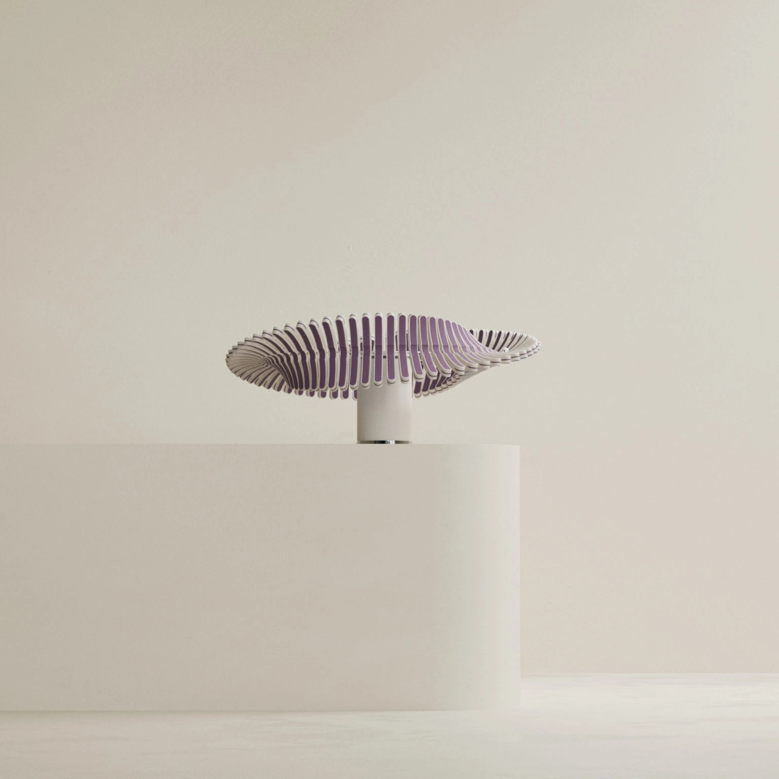 Sculptural purple and white slatted lamp sitting on a curved white plinth against a minimalist cream background.