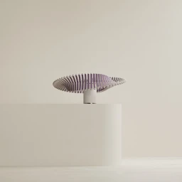 Sculptural purple and white slatted lamp sitting on a curved white plinth against a minimalist cream background.