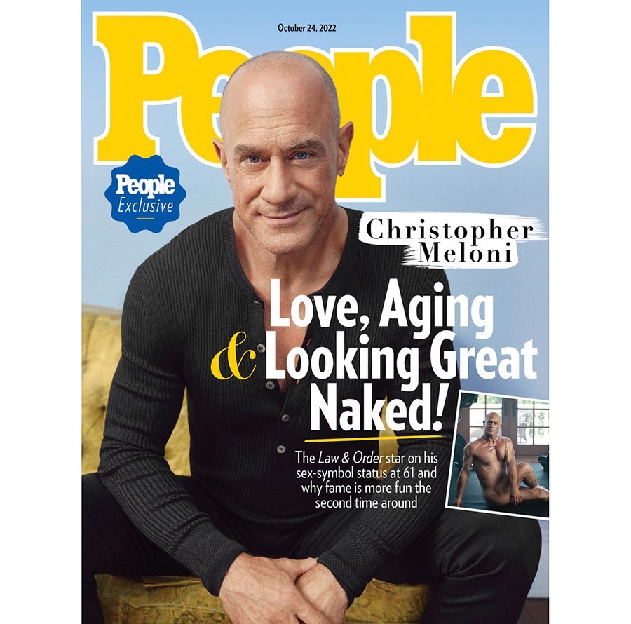 People Magazine cover featuring Christopher Meloni in a close-up shot with magazine title and coverlines against a blue background.