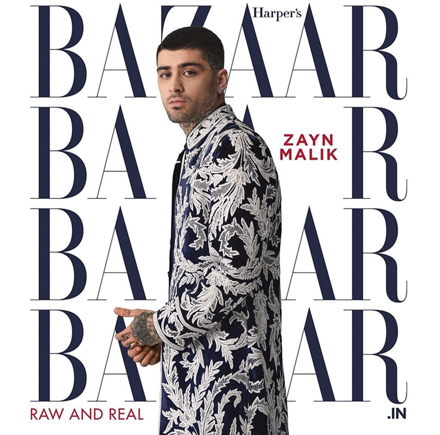 Magazine cover featuring Zayn Malik in an ornate blue jacket on a white background with Harper's Bazaar masthead and article titles.