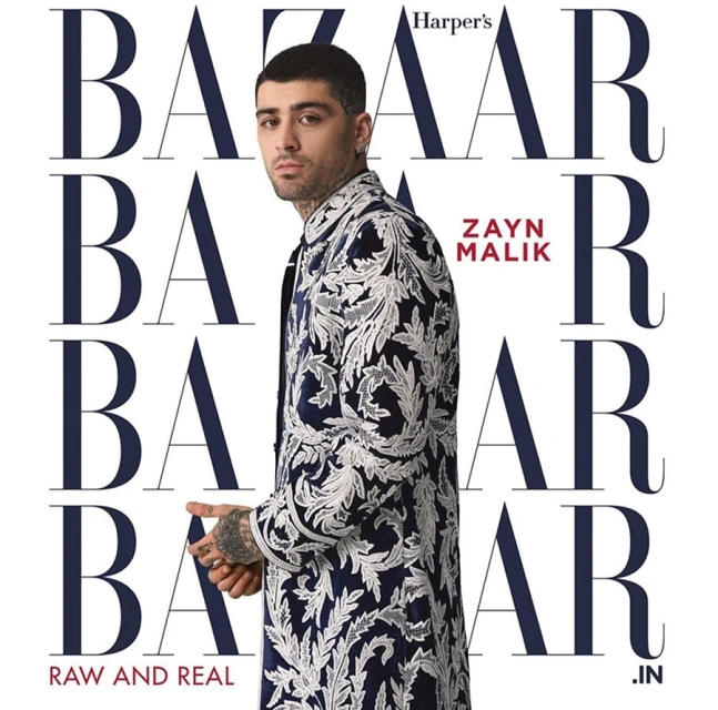Magazine cover featuring Zayn Malik in an ornate blue jacket on a white background with Harper's Bazaar masthead and article titles.