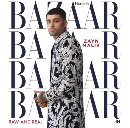 Magazine cover featuring Zayn Malik in an ornate blue jacket on a white background with Harper's Bazaar masthead and article titles.
