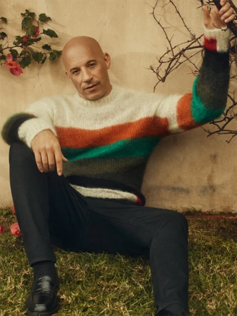 Vin Diesel poses in a colour-blocked knit sweater, sitting on the grass near a wall covered with climbing vines and small flowers.