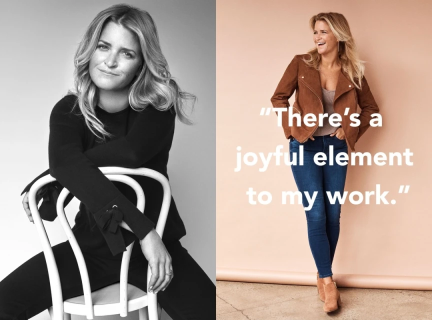 Studio diptych featuring a smiling blonde woman in black on a chair and another in a brown jacket with text overlay.