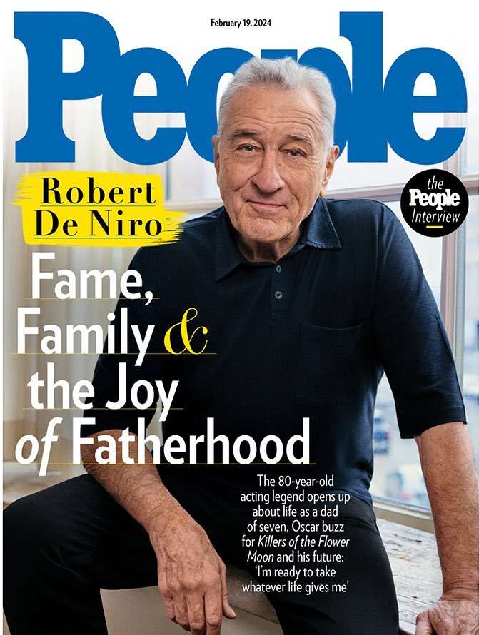 People Magazine cover featuring Robert De Niro in a navy collared shirt and pants, with a window and text overlays.