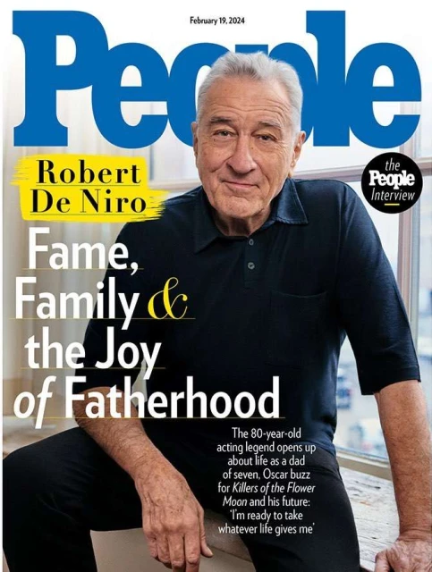 People Magazine cover featuring Robert De Niro in a navy collared shirt and pants, with a window and text overlays.