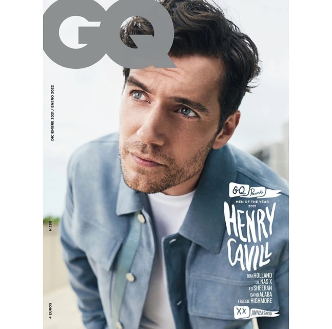 GQ Magazine cover featuring Henry Cavill, December 2021/January 2022 issue. The cover has the logo and other magazine text.