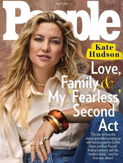 People Magazine cover featuring Kate Hudson, May 27, 2024. Hudson is blonde, wearing a tan button-down shirt, bracelets, and rings.