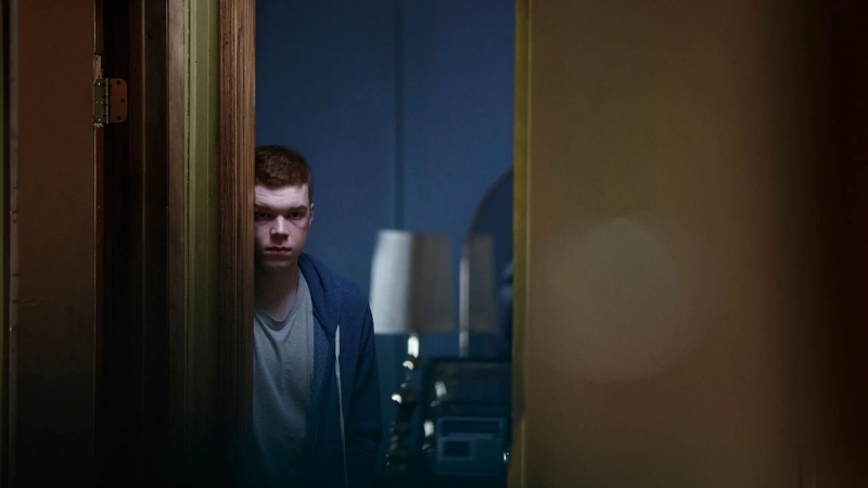 A young adult man peeks out from behind a wooden door, looking serious with a blue hoodie, in an indoor setting with muted lighting.