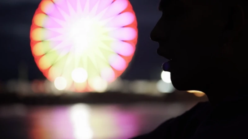 Silhouette of a person against a blurred Ferris wheel at night, capturing a moment of urban exploration and reflection in the city lights.
