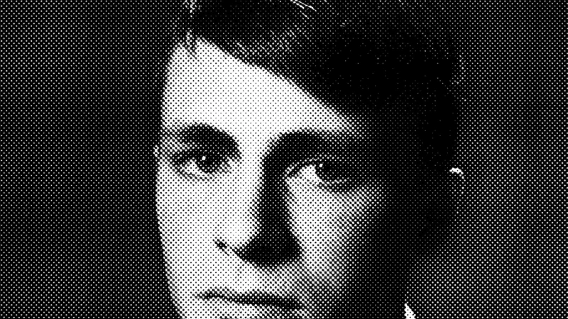 Portrait of a person in a black-and-white halftone print. The focus is on the face with the eyes and expression visible.