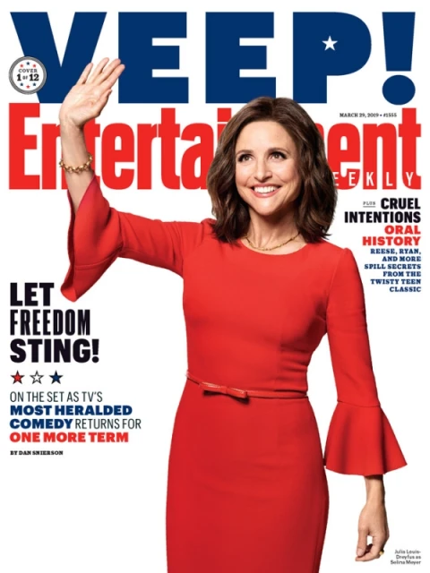 Magazine cover featuring Julia Louis-Dreyfus in a red dress with bell sleeves waving her hand in front of blue text.