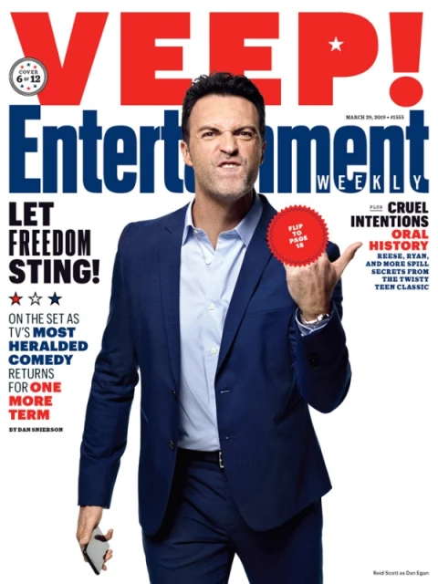 Entertainment Weekly cover featuring actor Hugh Laurie in a blue suit, promoting the TV series 'Veep,' with red and blue text.