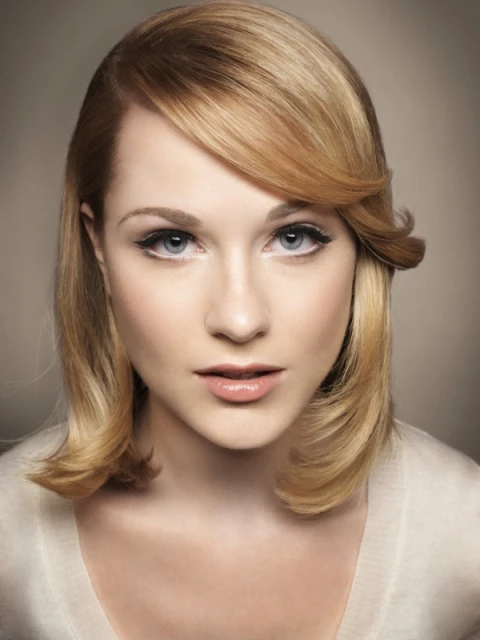 Close-up portrait of a blonde woman with retro-inspired hairstyle and makeup, gazing directly at the camera in a studio setting.