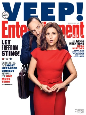 Entertainment Weekly magazine cover featuring Julia Louis-Dreyfus and Tony Hale for the TV show Veep. Julia wears a red dress with a concerned expression.