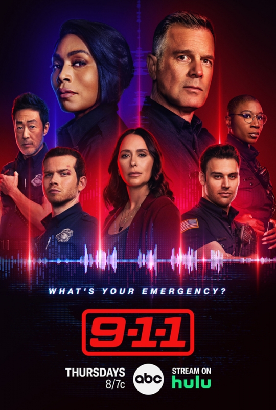 Poster art for the television show 9-1-1 features six cast members looking serious against a backdrop with red and blue lighting effects.