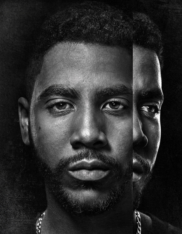 Monochromatic portrait of a young Black man with a light beard and short curly hair, wearing a chain, and with a split-image effect.