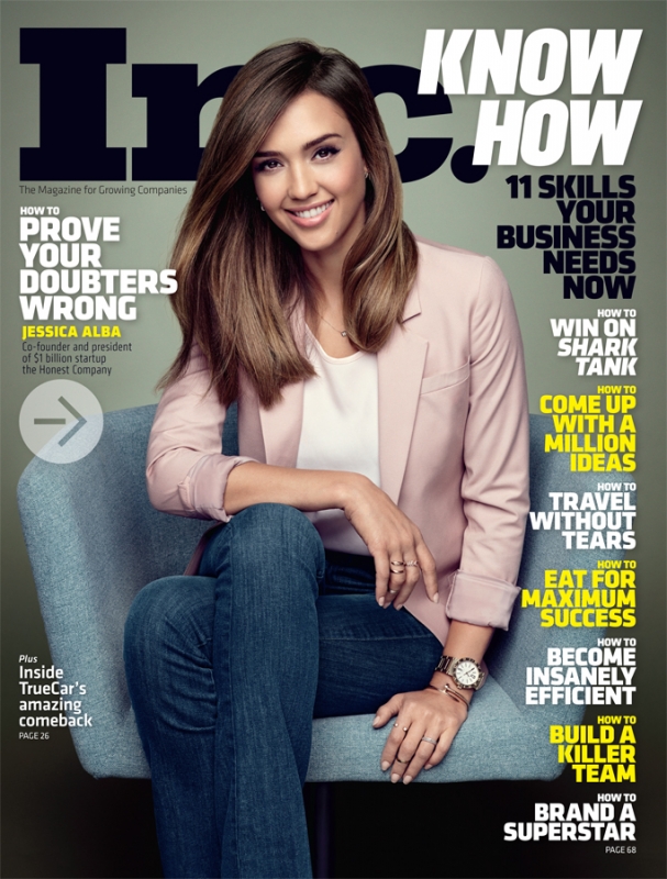 Magazine cover featuring Jessica Alba, co-founder of The Honest Company, in a pink blazer and jeans, sitting in a blue chair against a magazine backdrop.