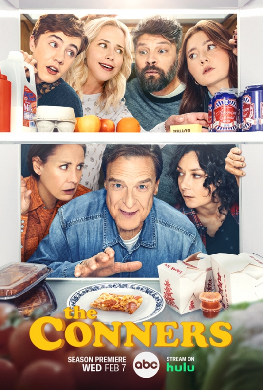Promotional image for 'The Conners' TV show featuring the cast peering into a refrigerator stocked with food and drinks.