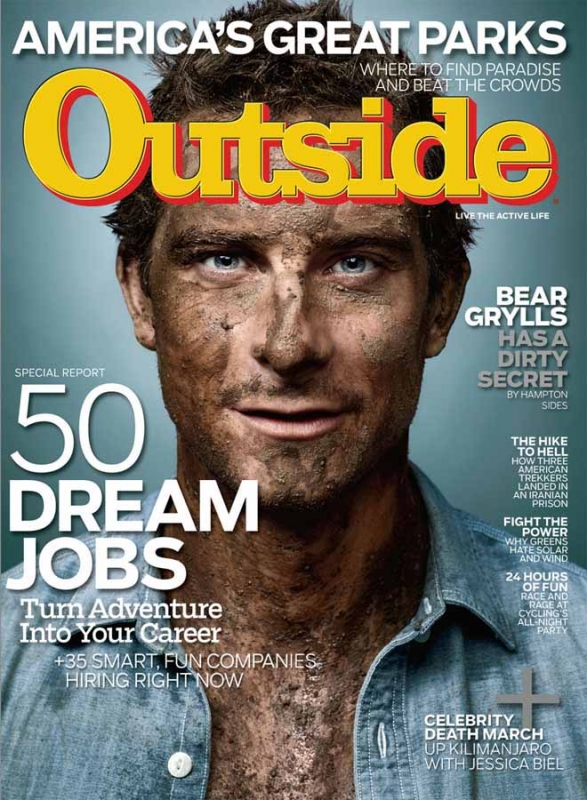 Magazine cover featuring Bear Grylls with a dirty face, promoting adventure and outdoor living. The cover is for Outside magazine.
