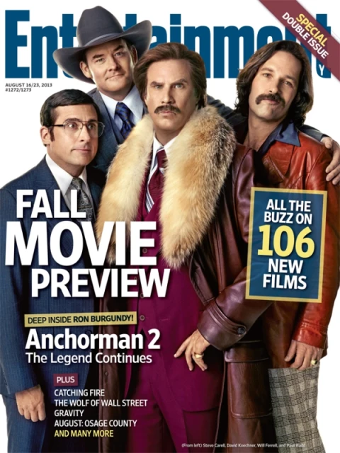 Entertainment Weekly magazine cover featuring the cast of Anchorman 2: The Legend Continues, including Will Ferrell, Steve Carell, and others.