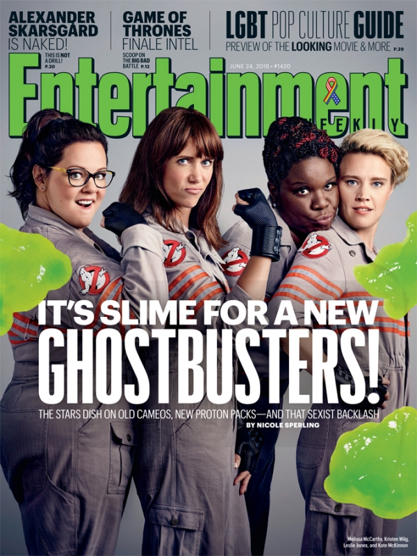 Entertainment Weekly cover featuring four women in Ghostbusters costumes, promotion for the film. Green slime graphic element.