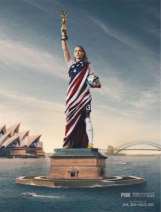 Alex Morgan as the Statue of Liberty holds a golden trophy and a soccer ball near the Sydney Opera House for the FIFA Women's World Cup.