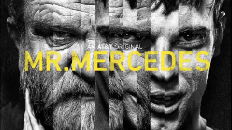 Black and white poster for Mr. Mercedes features faces of two men with yellow text, promoting an AT&T original series.