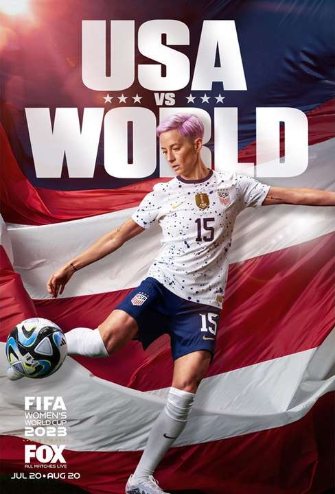 A female soccer player in a white jersey kicks a soccer ball against a backdrop of a US flag. Text promotes FIFA Women's World Cup 2023.