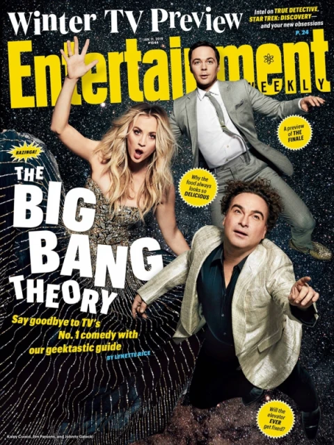 Entertainment Weekly cover featuring cast from 'The Big Bang Theory' TV show: Kaley Cuoco, Jim Parsons, and Johnny Galecki.
