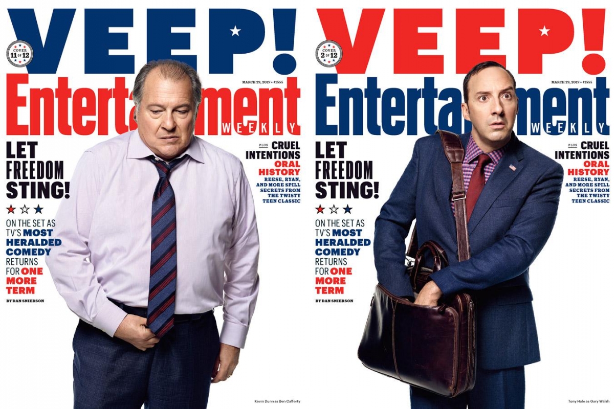 Entertainment Weekly magazine cover featuring two actors, one in a wrinkled shirt and tie, the other in a suit with a briefcase.