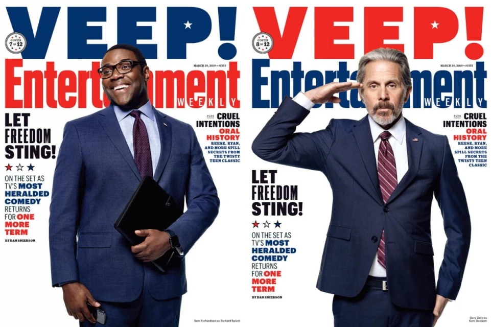 Entertainment Weekly cover featuring two men in suits. The magazine cover promotes the show VEEP. The two men pose in a studio.