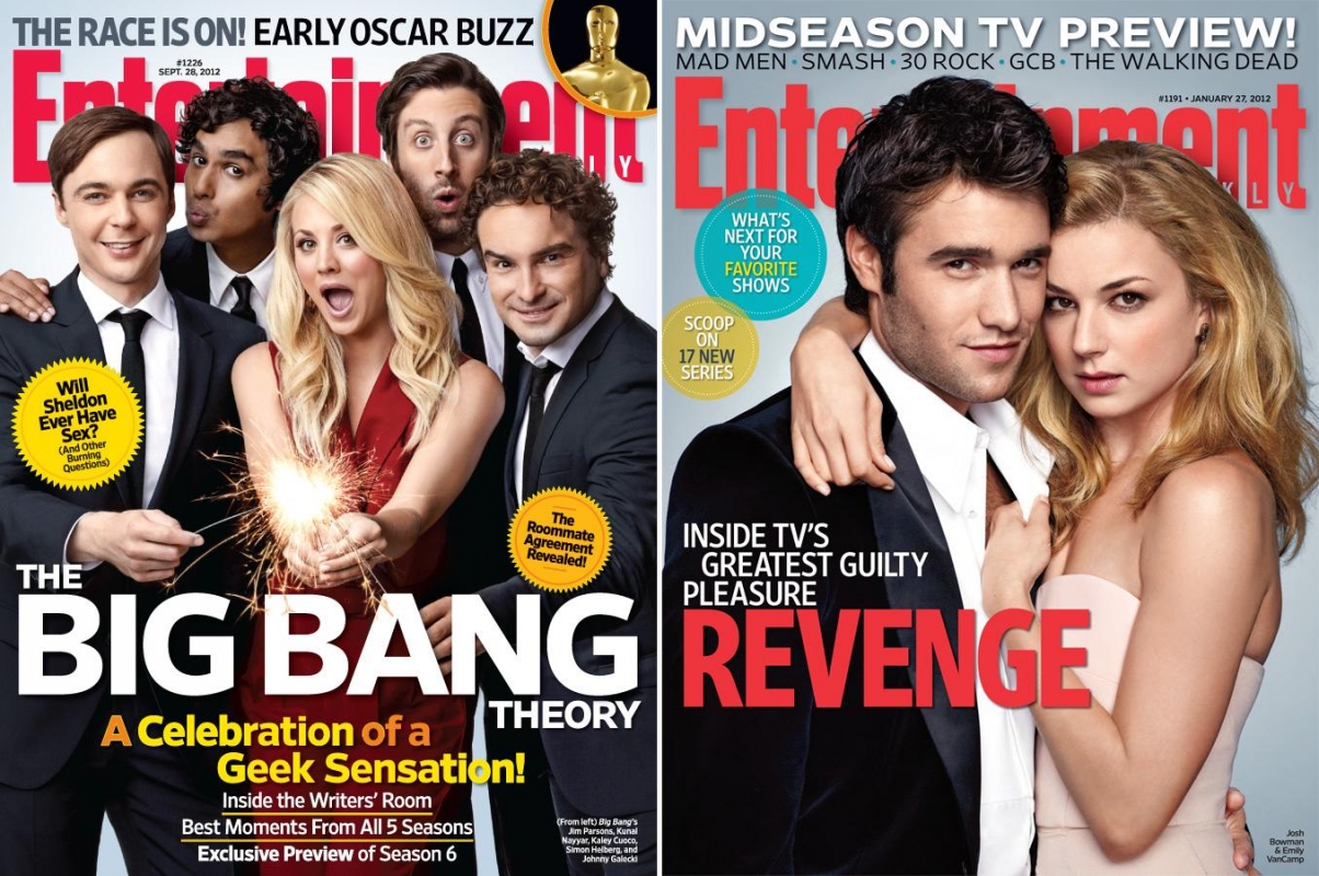 Two magazine covers featuring cast members from The Big Bang Theory and Revenge, showcasing celebrity entertainment and television themes.