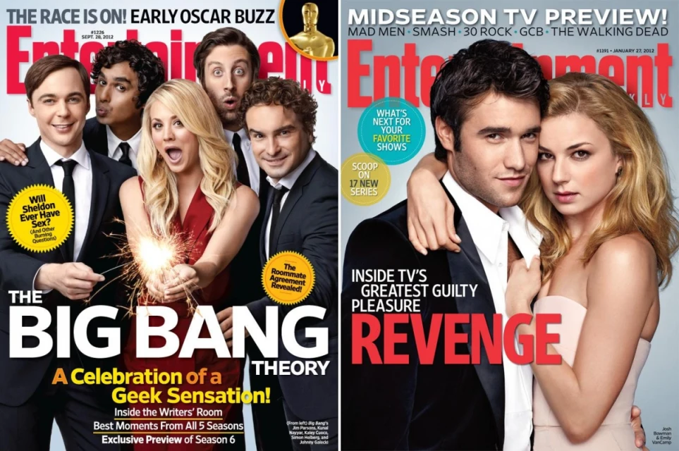 Two magazine covers featuring cast members from The Big Bang Theory and Revenge, showcasing celebrity entertainment and television themes.