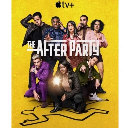 Group of eight diverse actors posing against a textured yellow background with a white logo and police chalk outline graphic.