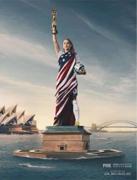 Alex Morgan holding a trophy while posed as the Statue of Liberty wrapped in a US flag with a soccer ball