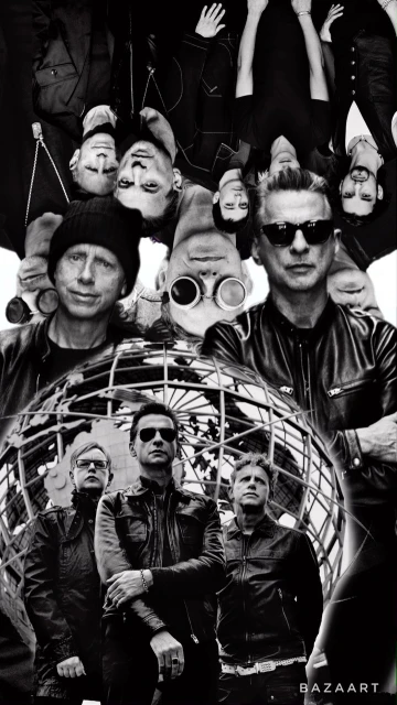 Black and white collage featuring 6 adult males, arranged in a semi-circle around a globe, wearing dark jackets and sunglasses. Moody lighting.