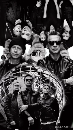 Black and white collage featuring 6 adult males, arranged in a semi-circle around a globe, wearing dark jackets and sunglasses. Moody lighting.