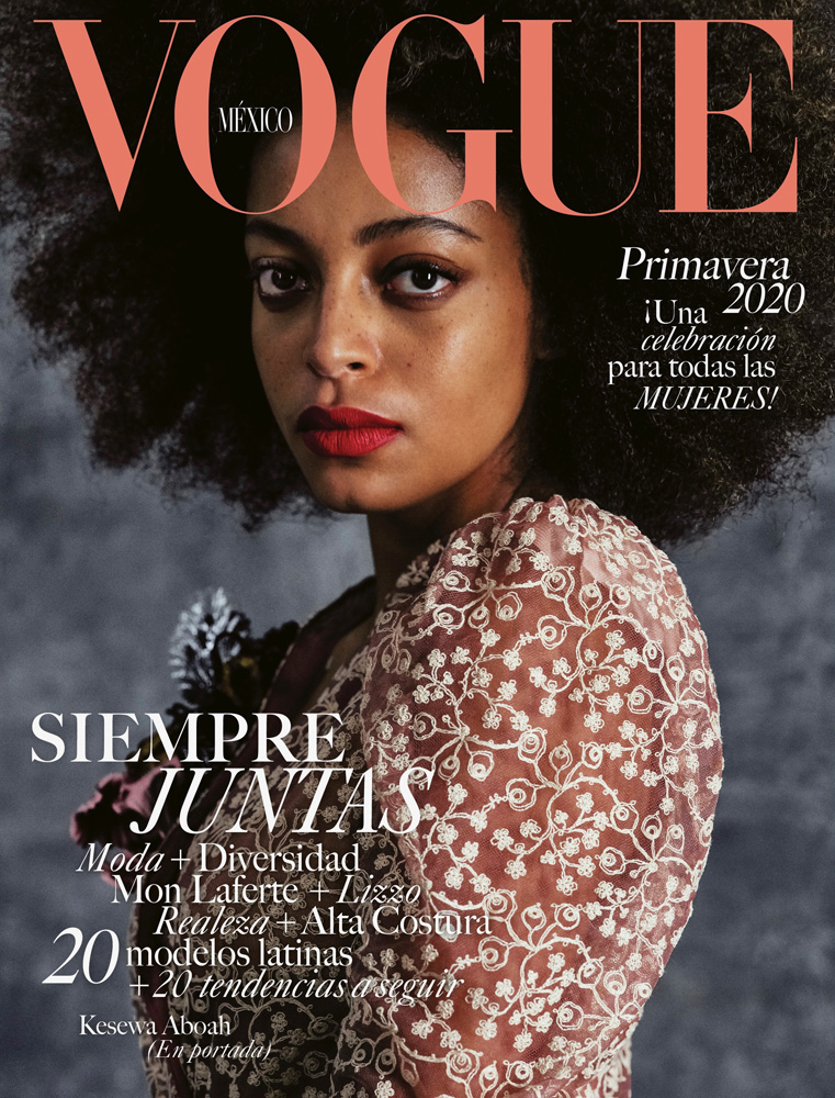 Vogue Mexico cover featuring a Black female model with an afro wearing a lace top with a floral design and bold red lipstick.