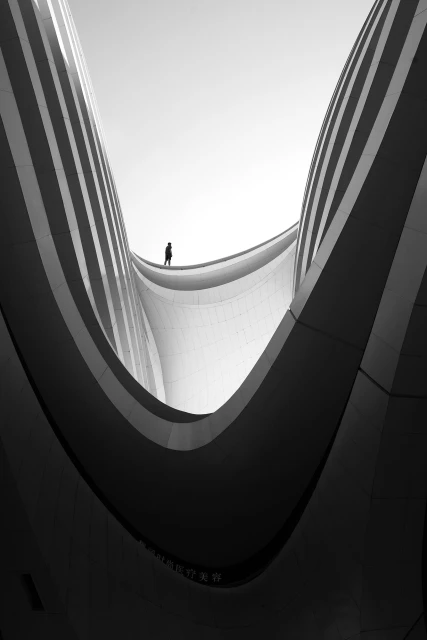 Monochromatic photograph features a silhouetted figure standing on a curved architectural structure against a bright, cloudless sky.