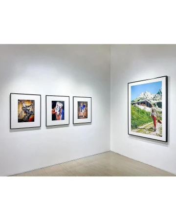 Art gallery exhibition featuring framed photographic prints displayed on white walls, showcasing different subjects and styles in a clean, modern space.