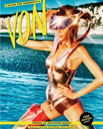 Fashion magazine cover featuring a woman in a futuristic outfit with visor and a shiny bathing suit standing by the ocean.