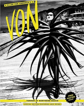 Monochrome magazine cover with a stylish woman in sunglasses surrounded by spiky foliage, featuring bold yellow text and beach setting.