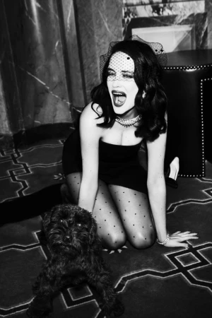 Woman in black dress, veil, and tights kneels on a patterned carpet with a black dog. Dramatic lighting and black and white photography.
