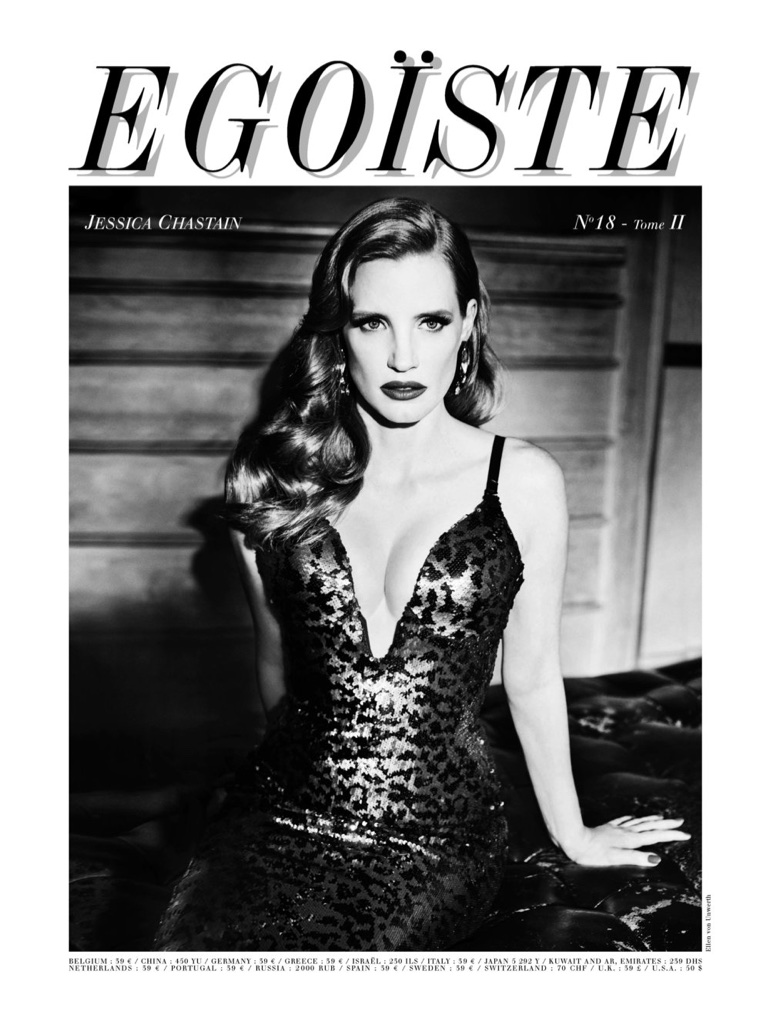 Black and white magazine cover shot of Jessica Chastain in a sequined gown, with a dark staircase and the magazine's masthead visible.