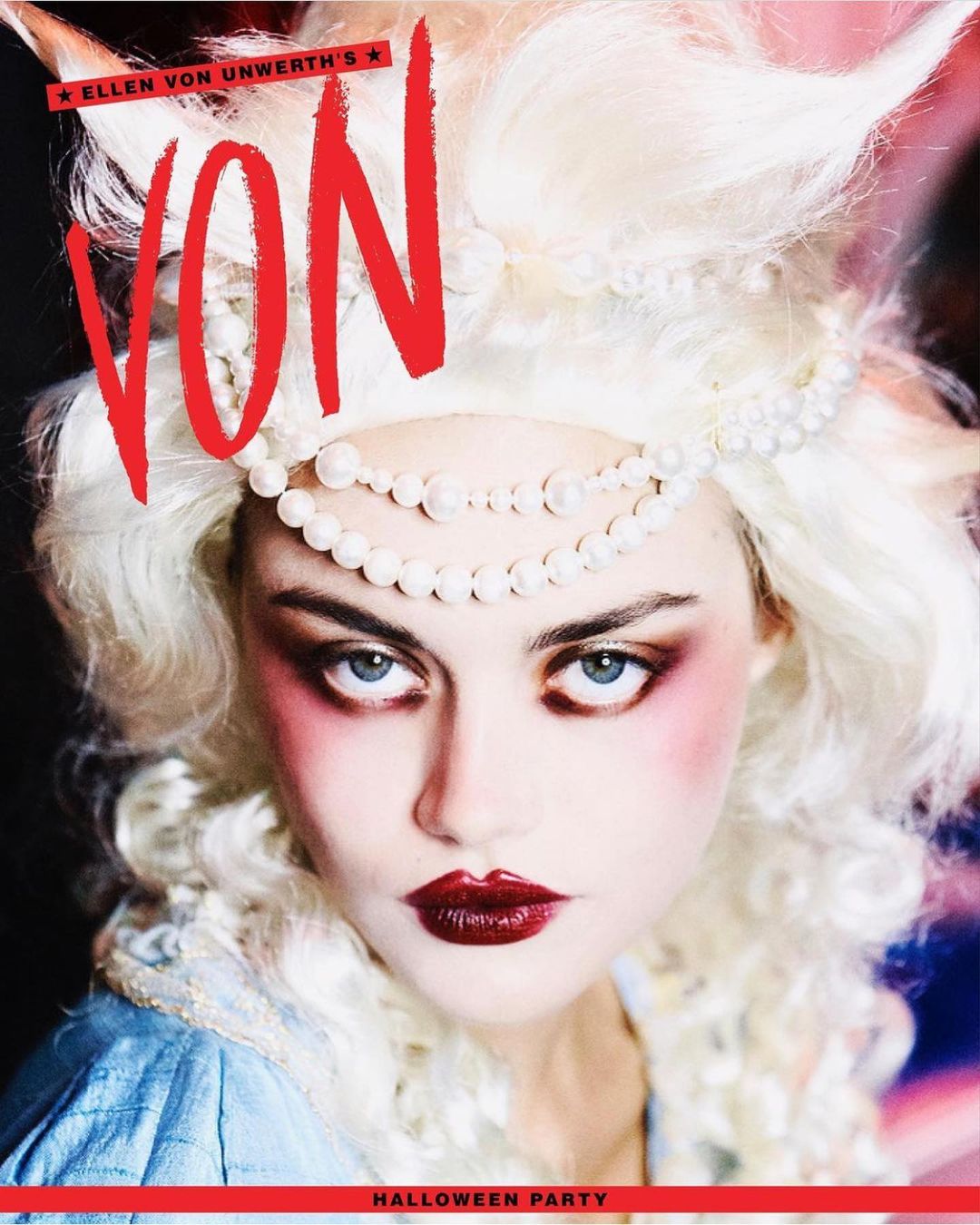 Close-up portrait of woman with white wig, pearl headband, and dark lipstick. Text reads 'Ellen von Unwerth's VON Halloween Party'.
