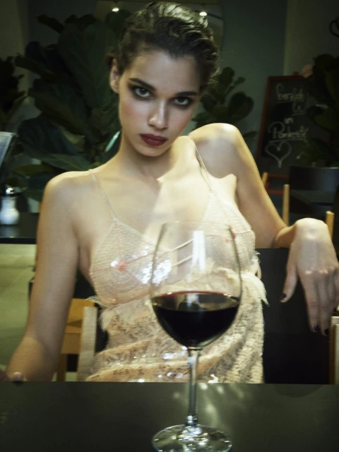 Indoor portrait of a model seated at a table, featuring a wine glass with red wine and a backdrop of leafy green plants.