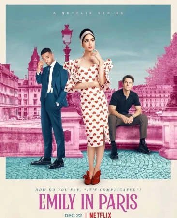Movie poster for 'Emily in Paris' features three cast members in formal attire with a Parisian cityscape backdrop in pink and blue hues.